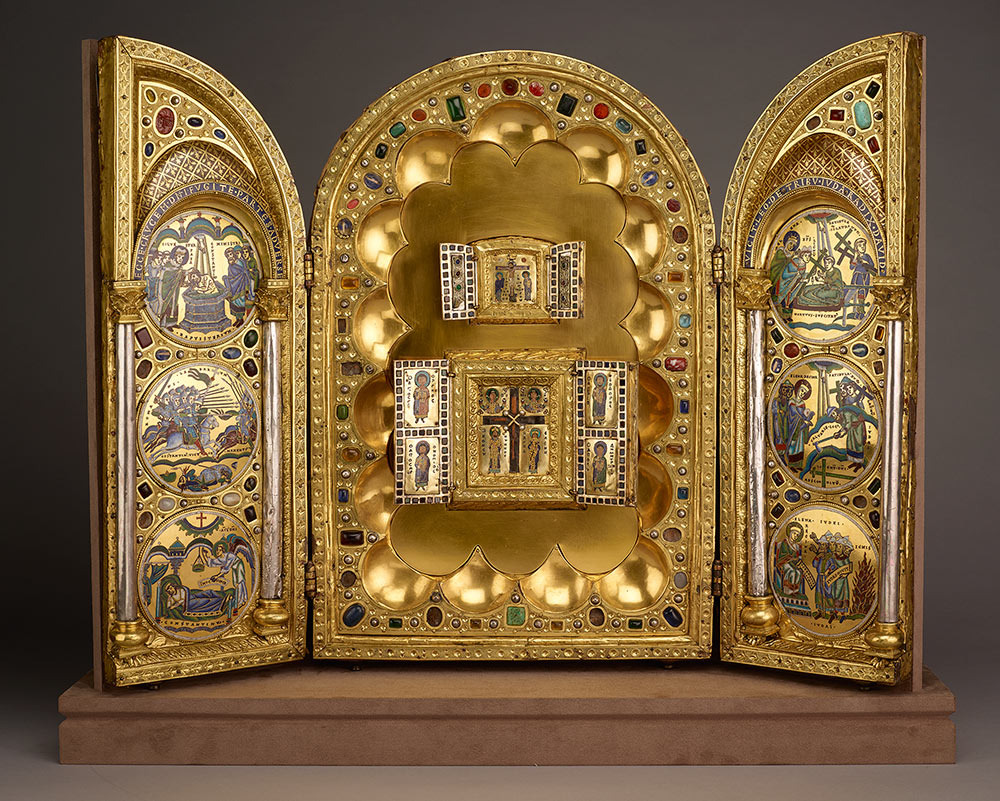 Stavelot Triptych, Belgium, wood, copper and silver gilt, enamel, semi-precious stones.