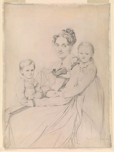 Fig. 7. This sheet was once mounted to a drawing board. Note the crease where the paper was folded around the support, the fractured edges along the crease, and the drawn lines that stop before the crease.  Jean-Auguste-Dominique Ingres. Frau Reinhold and Her Daughters, Susette-Marie and Marie-Auguste-Friederike, 1815.