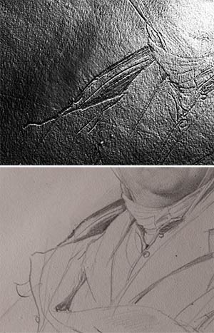 Fig. 12–13. The image on top (taken with Reflectance Transformation Imaging, or RTI), shows that Ingres scraped away an area of the sitter's collar and burnished the paper. The image on the bottom, taken in raking light, shows where Ingres redrew the detail.  Jean-Auguste-Dominique Ingres. Portrait of M. Guillaume Guillon-Lethière, 1815.
