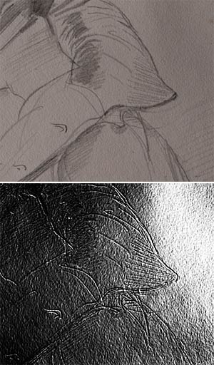 Fig. 9–10. Ingres used a blind stylus to transfer a preliminary drawing to this sheet and then drew over the inscribed lines with graphite. The image on the bottom, taken with Reflectance Transformation Imaging, or RTI, highlights the inscribed lines.  Jean-Auguste-Dominique Ingres. Portrait of M. Guillaume Guillon-Lethière, 1815.