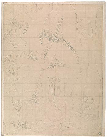 Fig. 11. Ingres divided this drawing into small and large squares to facilitate transferring the image to another sheet.  Jean-Auguste-Dominique Ingres. Study for Oedipus and the Sphinx, 1808.
