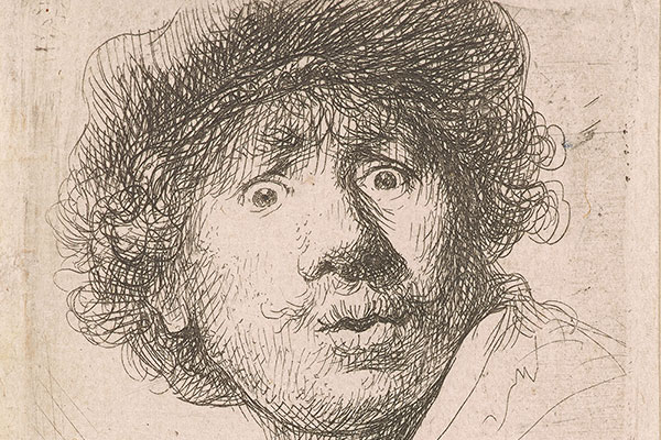 Coss hatched self-portrait view of Rembrandt in cap looking forward with eyes wide open and puckered lips.