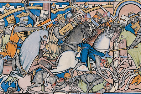 Knights on horseback battling eacother with swords.