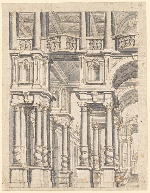 Alessandro Bibiena | Left Half of a Colonnaded Baroque Atrium. Verso ...