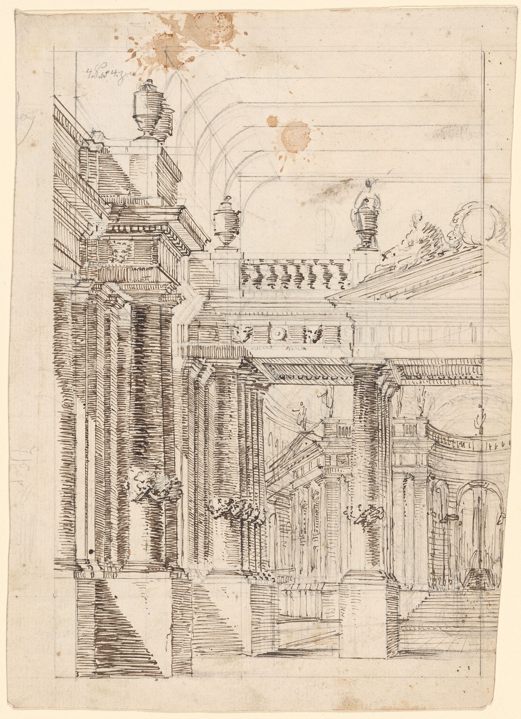 Anton Arrigoni | Left Portion of a Colonnaded Atrium. Verso: Several ...