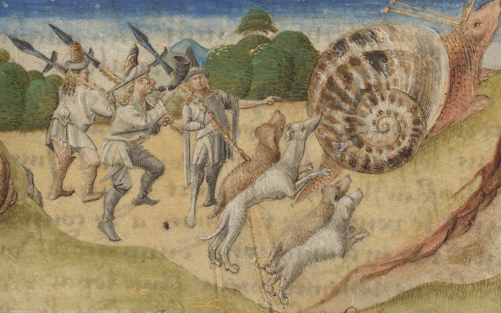 Illumination showing giant snail with four dogs chasing it.