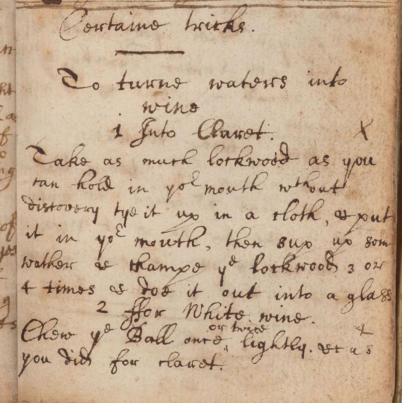Section on “certaine tricks,” including recipes “to turne waters into wine” in Sir Isaac Newton's notebook